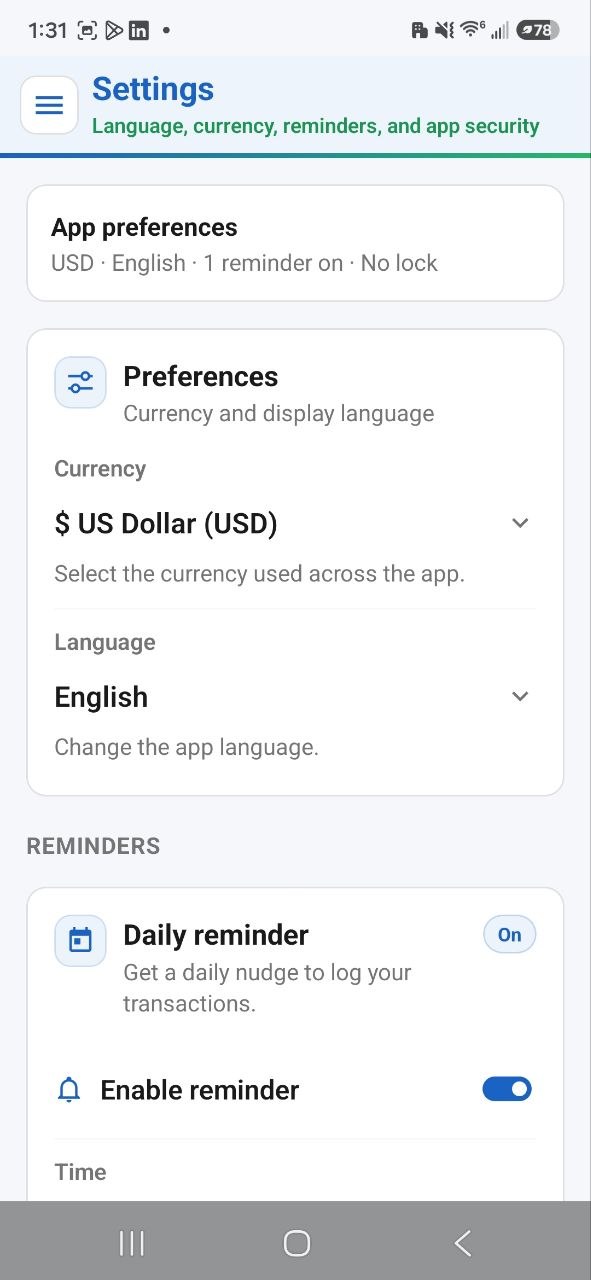 Ajustes de idioma, moneda y recordatorios